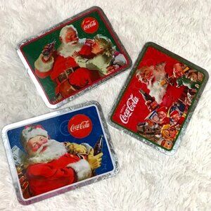 Set of 3 Vintage Coca-Cola Jolly Santa and Coca-Cola Tin Trivet Wall Plaque